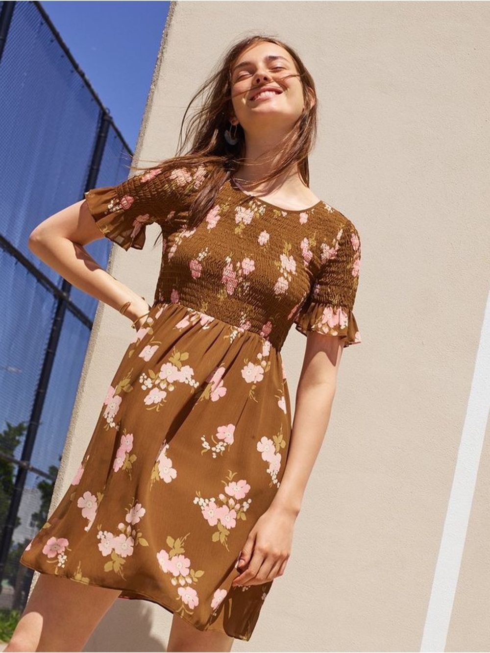 Madewell Brown Mini Dress with Pink Floral Print